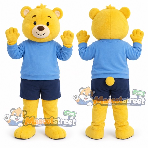 Yellow Bear Mascot Costume with Blue Sweatshirt and Navy Shorts