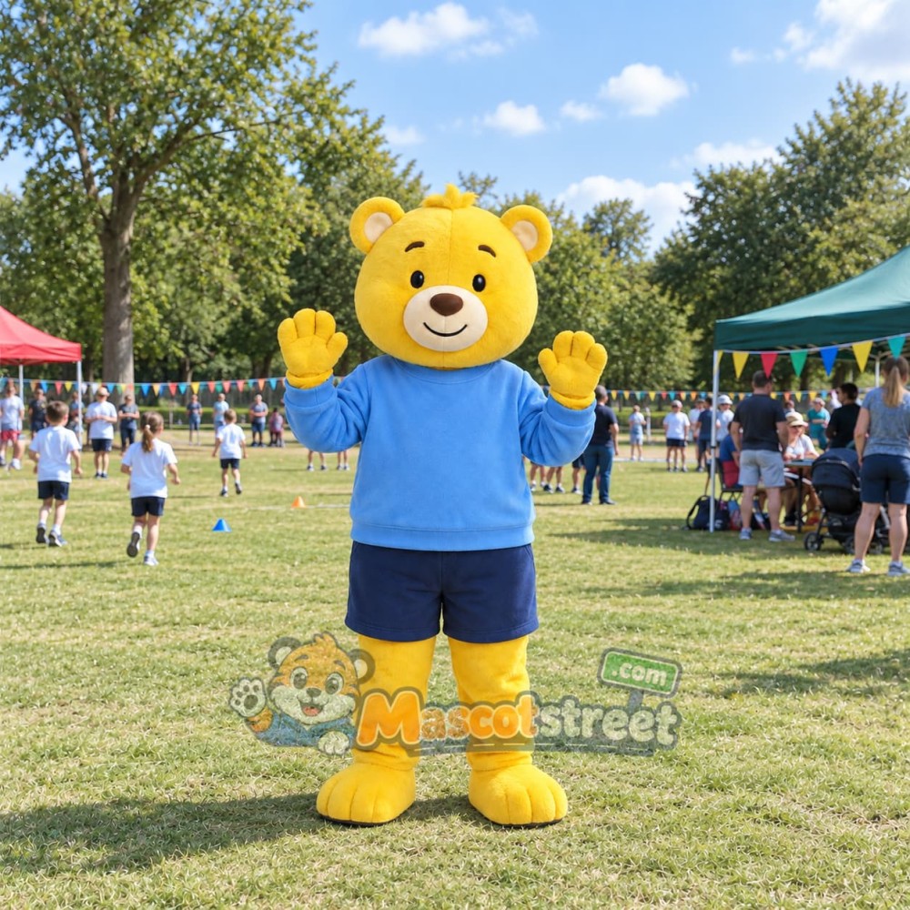 Yellow Bear Mascot Costume with Blue Sweatshirt and Navy Shorts Yellow Bear Mascot Costume with Blue Sweatshirt and Navy Shorts