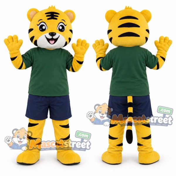 Yellow Tiger Mascot Costume with Green Shirt and Navy Shorts