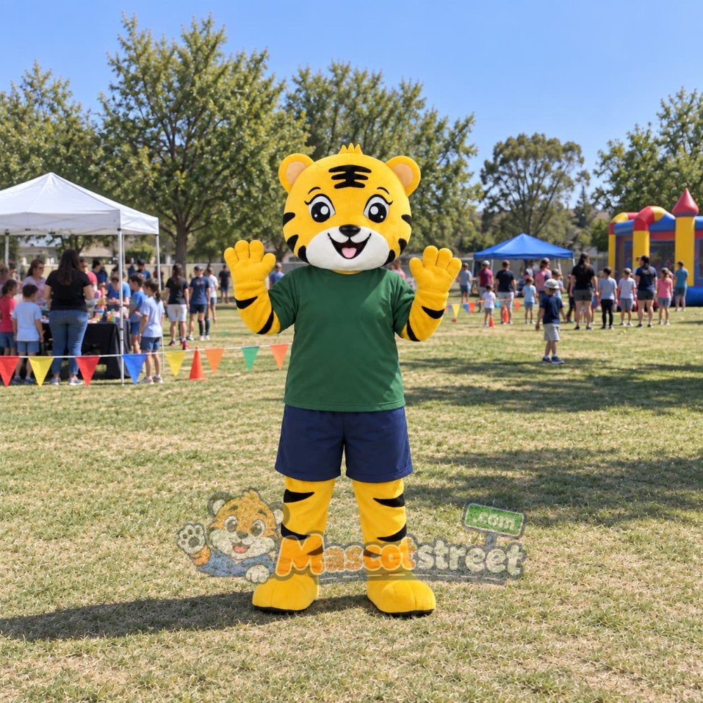 Yellow Tiger Mascot Costume with Green Shirt and Navy Shorts Yellow Tiger Mascot Costume with Green Shirt and Navy Shorts
