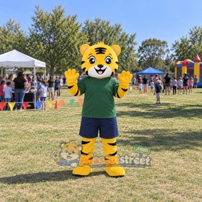 Yellow Tiger Mascot Costume with Green Shirt and Navy Shorts Yellow Tiger Mascot Costume with Green Shirt and Navy Shorts