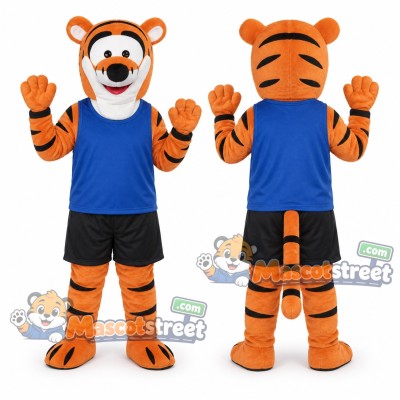 Orange Tiger Mascot Costume with Blue Shirt and Navy Shorts Orange Tiger Mascot Costume with Blue Shirt and Navy Shorts