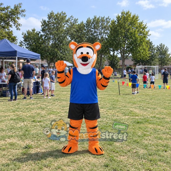 Orange Tiger Mascot Costume with Blue Shirt and Navy Shorts