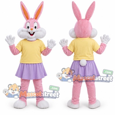 Pink Rabbit Mascot Costume with Yellow Shirt and Purple Skirt Pink Rabbit Mascot Costume with Yellow Shirt and Purple Skirt