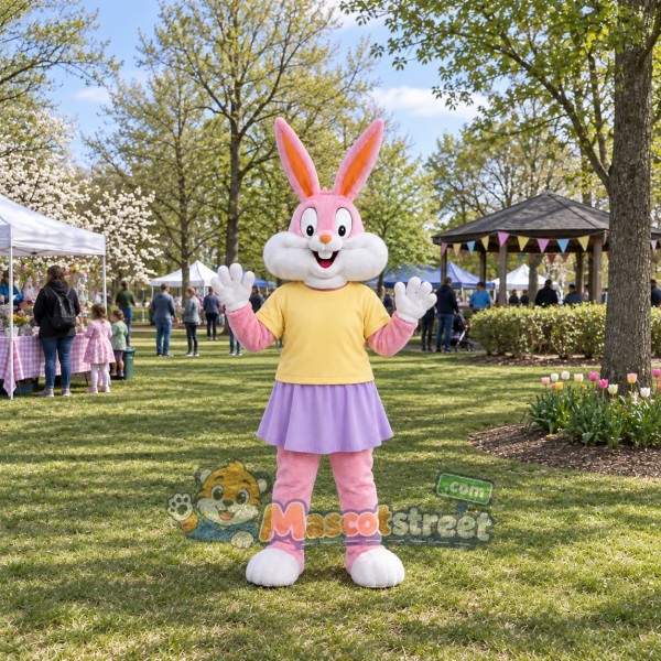Pink Rabbit Mascot Costume with Yellow Shirt and Purple Skirt