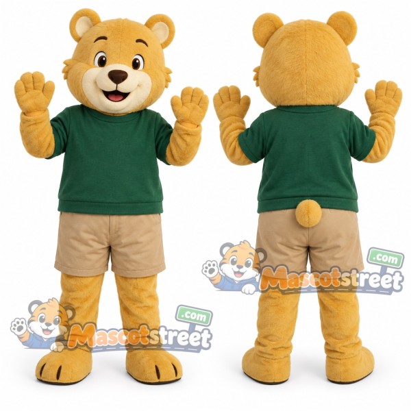 Tan Bear Mascot Costume with Green Shirt and Khaki Shorts