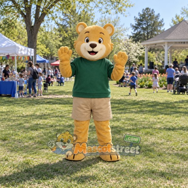 Tan Bear Mascot Costume with Green Shirt and Khaki Shorts