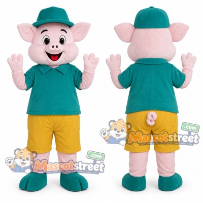 Pink Pig Mascot Costume with Teal Shirt and Hat Pink Pig Mascot Costume with Teal Shirt and Hat