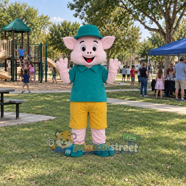 Pink Pig Mascot Costume with Teal Shirt and Hat