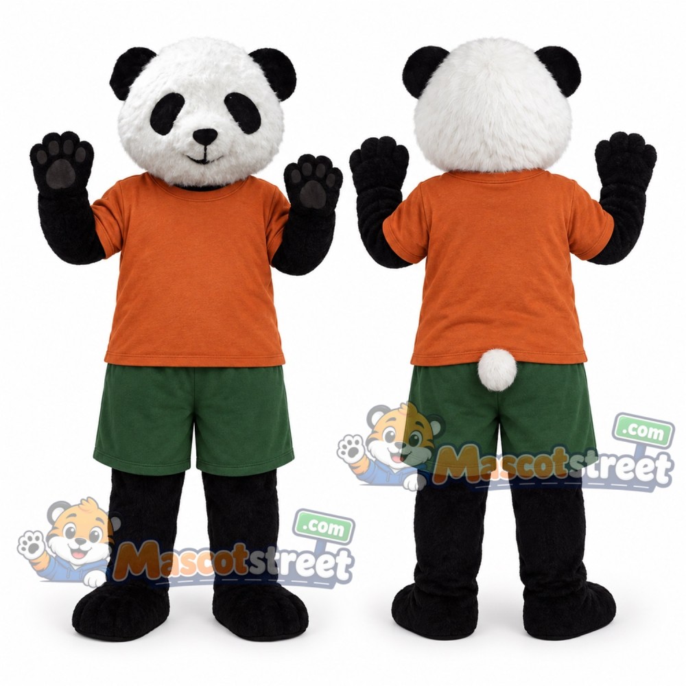Panda Mascot Costume with Orange Shirt and Green Shorts Panda Mascot Costume with Orange Shirt and Green Shorts