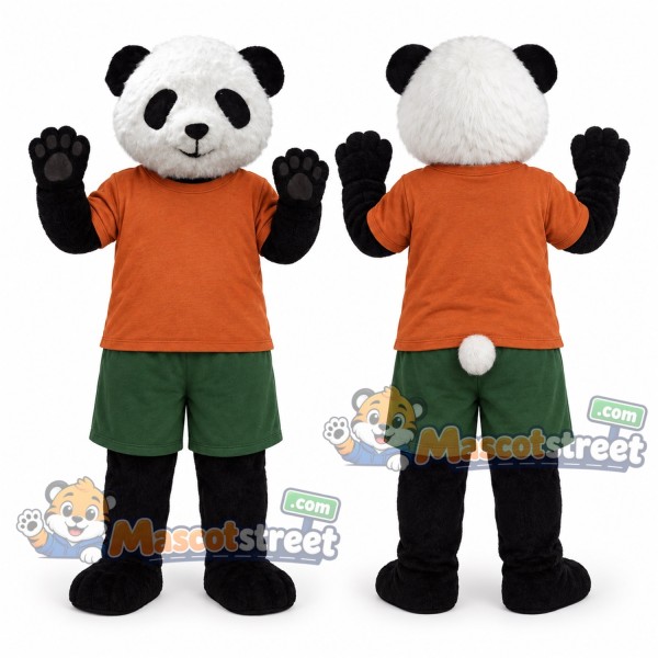Panda Mascot Costume with Orange Shirt and Green Shorts