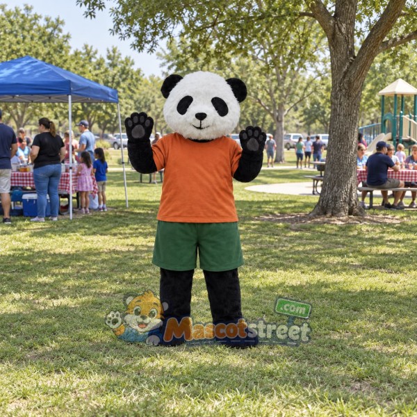 Panda Mascot Costume with Orange Shirt and Green Shorts
