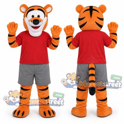 Orange Tiger Mascot Costume with Red Shirt and Gray Shorts
