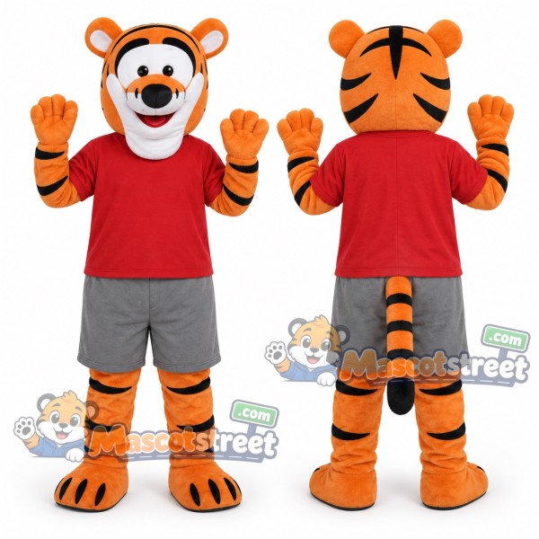 Orange Tiger Mascot Costume with Red Shirt and Gray Shorts