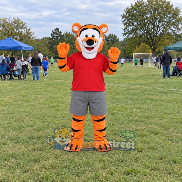 Orange Tiger Mascot Costume with Red Shirt and Gray Shorts