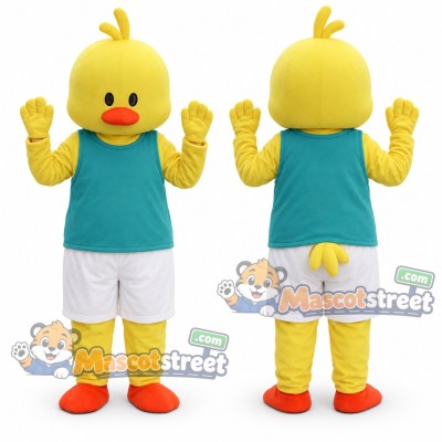 Yellow Duck Mascot Costume with Teal Shirt and White Shorts