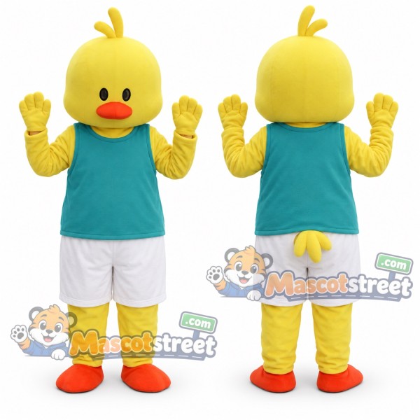 Yellow Duck Mascot Costume with Teal Shirt and White Shorts
