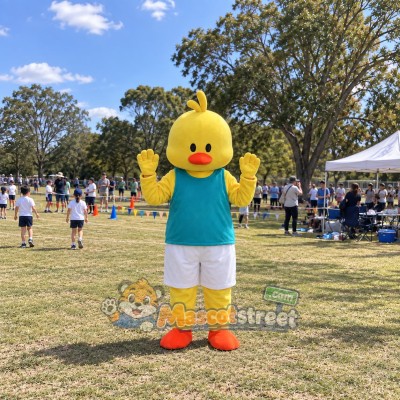 Yellow Duck Mascot Costume with Teal Shirt and White Shorts