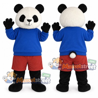 Panda Mascot Costume with Blue Sweatshirt and Red Shorts Panda Mascot Costume with Blue Sweatshirt and Red Shorts