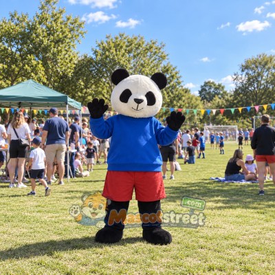 Panda Mascot Costume with Blue Sweatshirt and Red Shorts Panda Mascot Costume with Blue Sweatshirt and Red Shorts