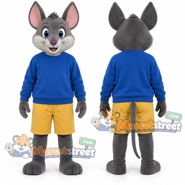 Gray Rabbit Mascot Costume with Blue Hoodie and Yellow Shorts