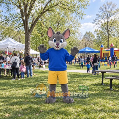 Gray Rabbit Mascot Costume with Blue Hoodie and Yellow Shorts Gray Rabbit Mascot Costume with Blue Hoodie and Yellow Shorts