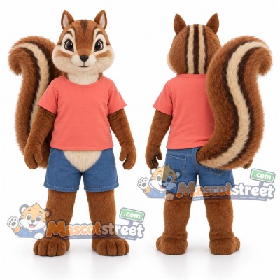 Brown Chipmunk Mascot Costume with Coral Shirt and Blue Shorts Brown Chipmunk Mascot Costume with Coral Shirt and Blue Shorts