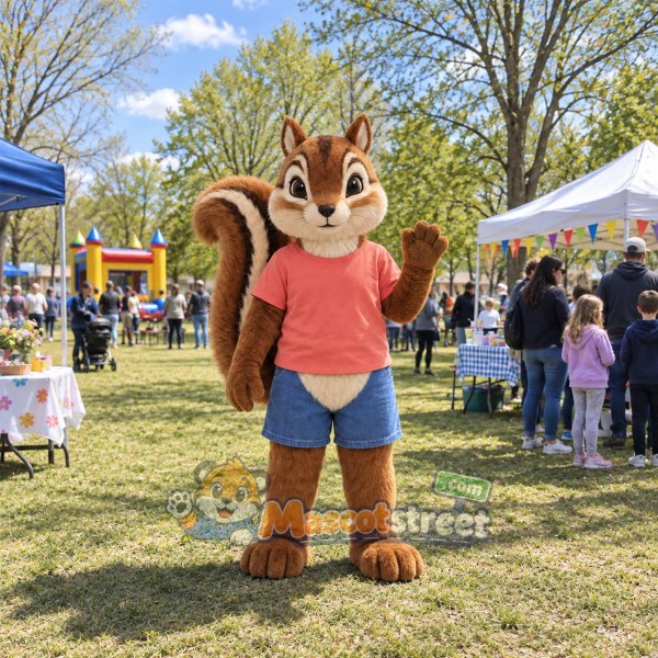 Brown Chipmunk Mascot Costume with Coral Shirt and Blue Shorts