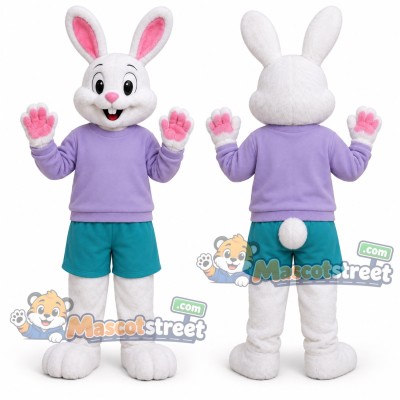 White Rabbit Mascot Costume with Purple Shirt and Teal Shorts White Rabbit Mascot Costume with Purple Shirt and Teal Shorts