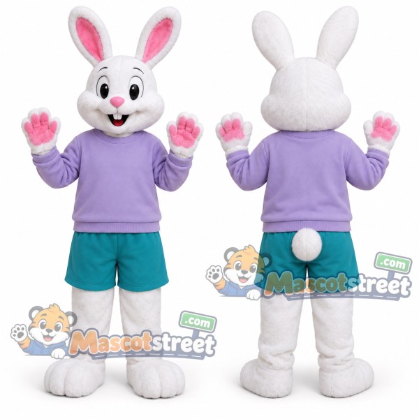 White Rabbit Mascot Costume with Purple Shirt and Teal Shorts