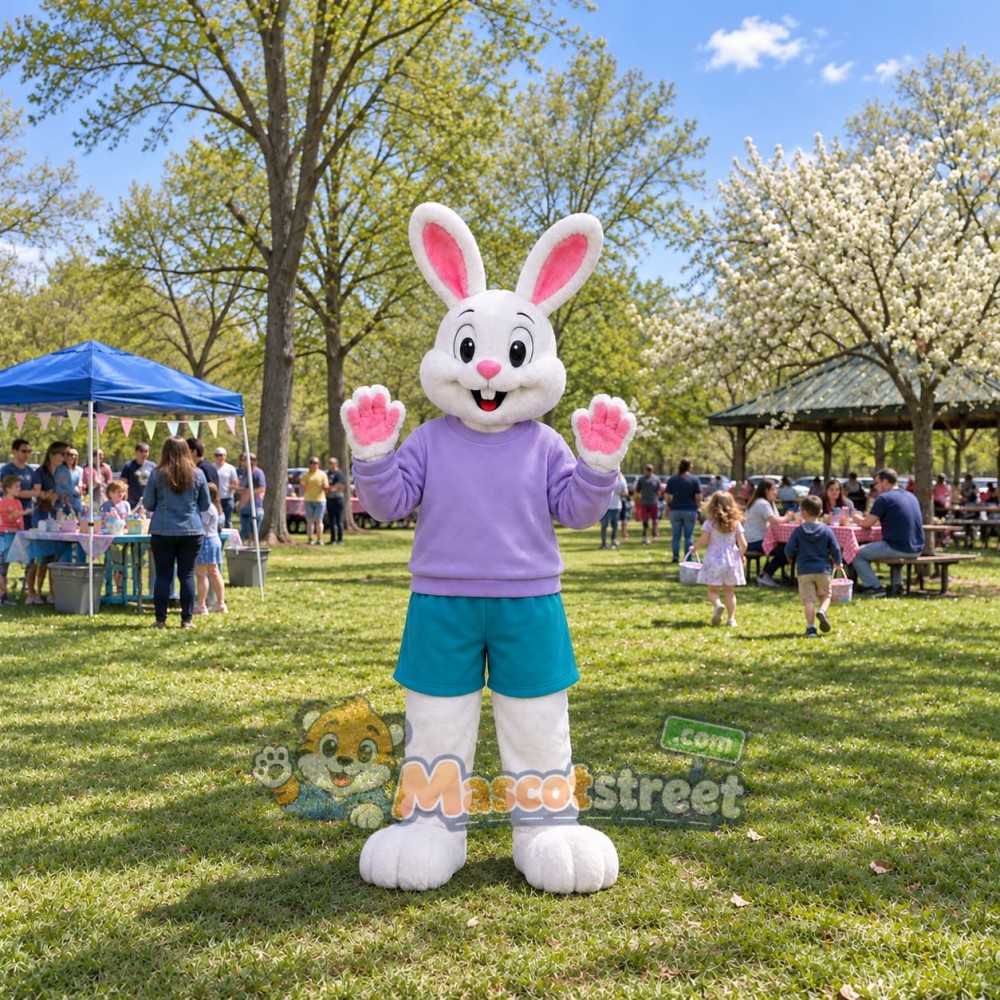 White Rabbit Mascot Costume with Purple Shirt and Teal Shorts White Rabbit Mascot Costume with Purple Shirt and Teal Shorts