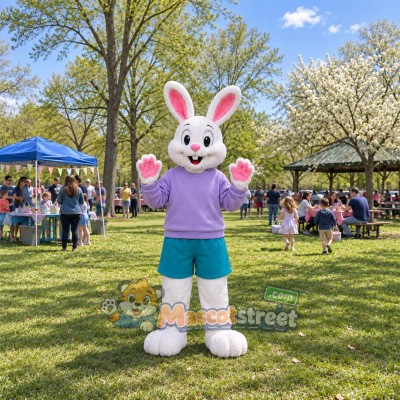 White Rabbit Mascot Costume with Purple Shirt and Teal Shorts White Rabbit Mascot Costume with Purple Shirt and Teal Shorts