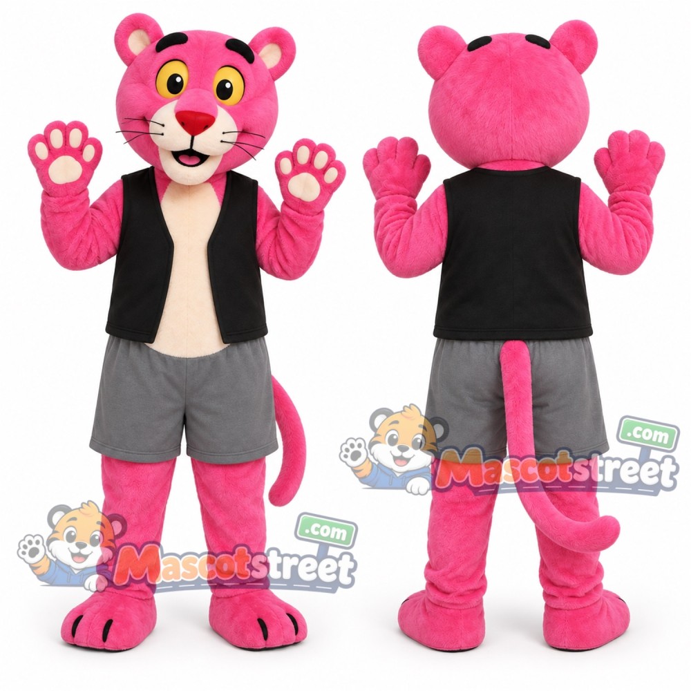 Pink Panther Mascot Costume with Black Vest and Gray Shorts