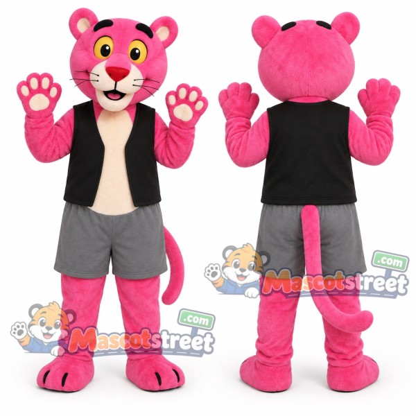 Pink Panther Mascot Costume with Black Vest and Gray Shorts