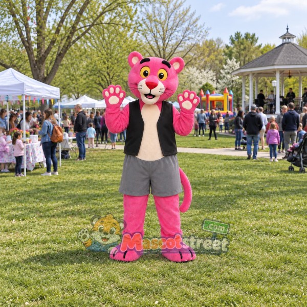 Pink Panther Mascot Costume with Black Vest and Gray Shorts