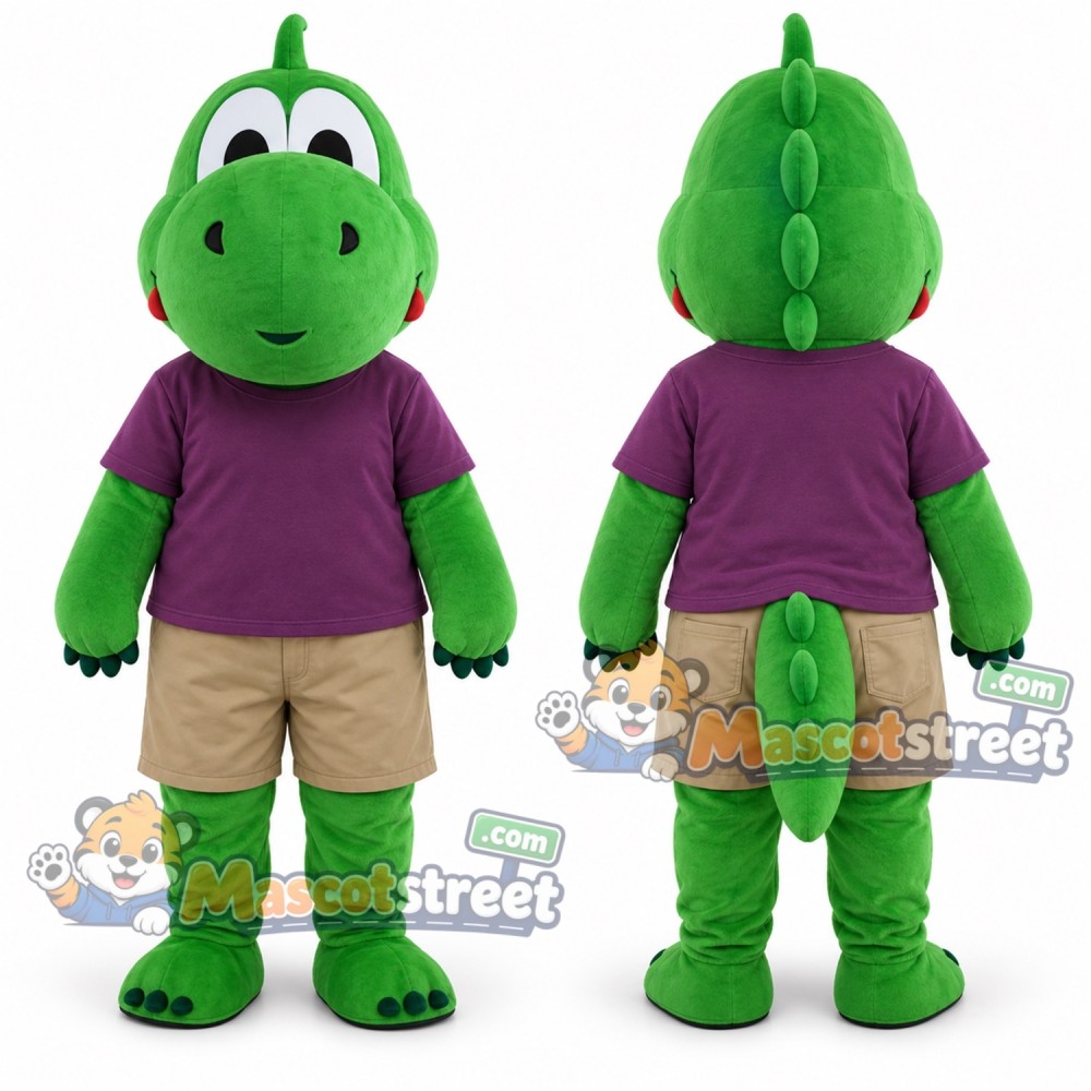 Green Dinosaur Mascot Costume with Purple Shirt and Khaki Shorts Green Dinosaur Mascot Costume with Purple Shirt and Khaki Shorts