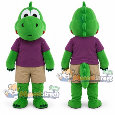 Green Dinosaur Mascot Costume with Purple Shirt and Khaki Shorts Green Dinosaur Mascot Costume with Purple Shirt and Khaki Shorts