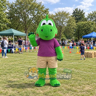 Green Dinosaur Mascot Costume with Purple Shirt and Khaki Shorts Green Dinosaur Mascot Costume with Purple Shirt and Khaki Shorts