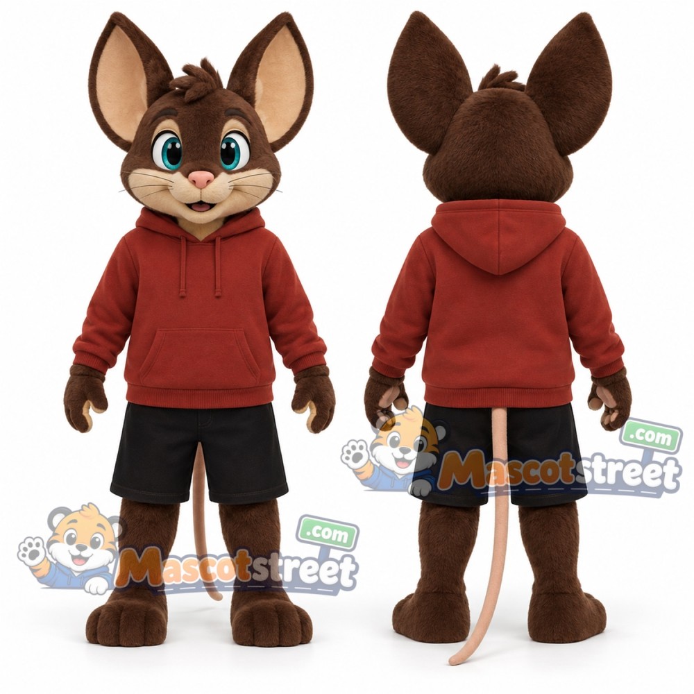 Brown Mouse Mascot Costume with Burgundy Hoodie and Black Shorts