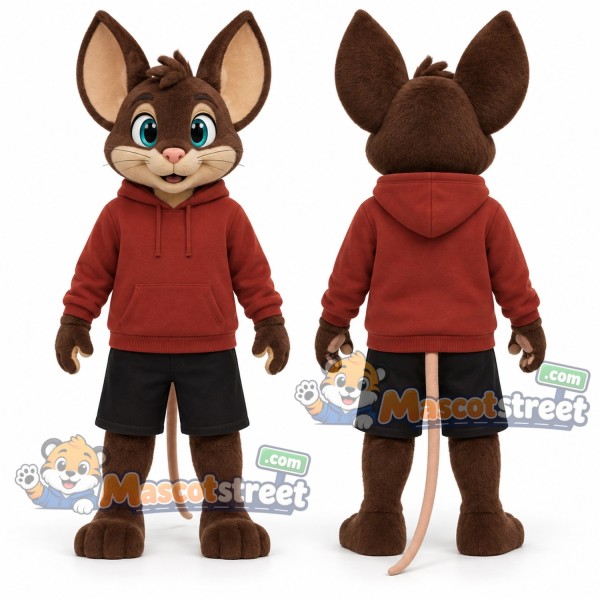 Brown Mouse Mascot Costume with Burgundy Hoodie and Black Shorts