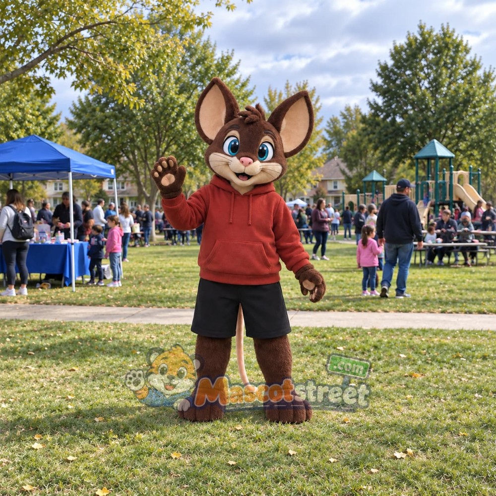 Brown Mouse Mascot Costume with Burgundy Hoodie and Black Shorts