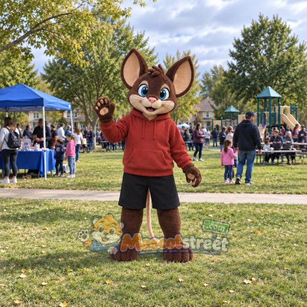 Brown Mouse Mascot Costume with Burgundy Hoodie and Black Shorts
