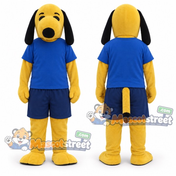 Yellow Dog Mascot Costume with Blue Shirt and Navy Shorts