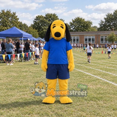 Yellow Dog Mascot Costume with Blue Shirt and Navy Shorts Yellow Dog Mascot Costume with Blue Shirt and Navy Shorts