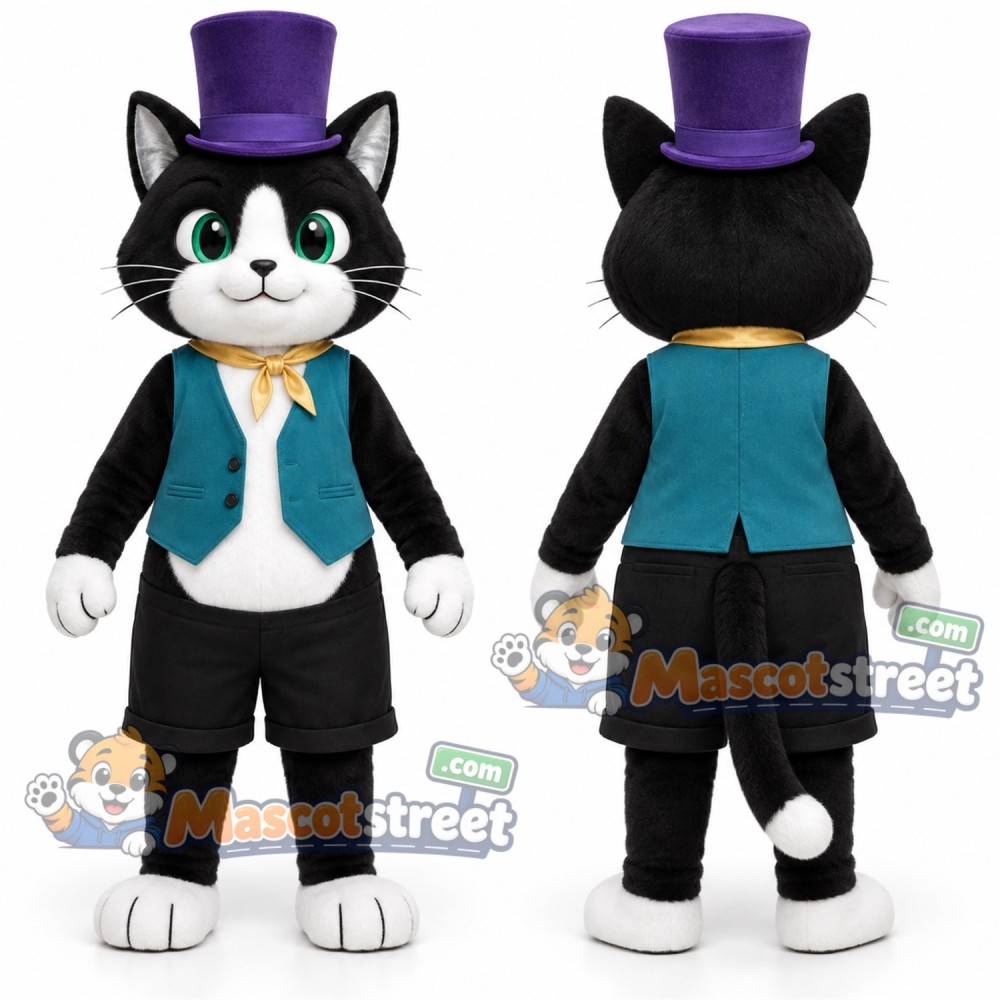 Black and White Cat Mascot Costume with Teal Vest and Purple Top Hat