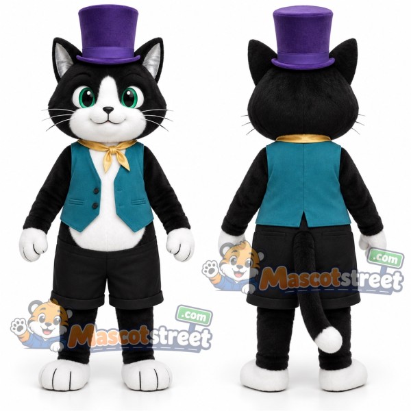 Black and White Cat Mascot Costume with Teal Vest and Purple Top Hat