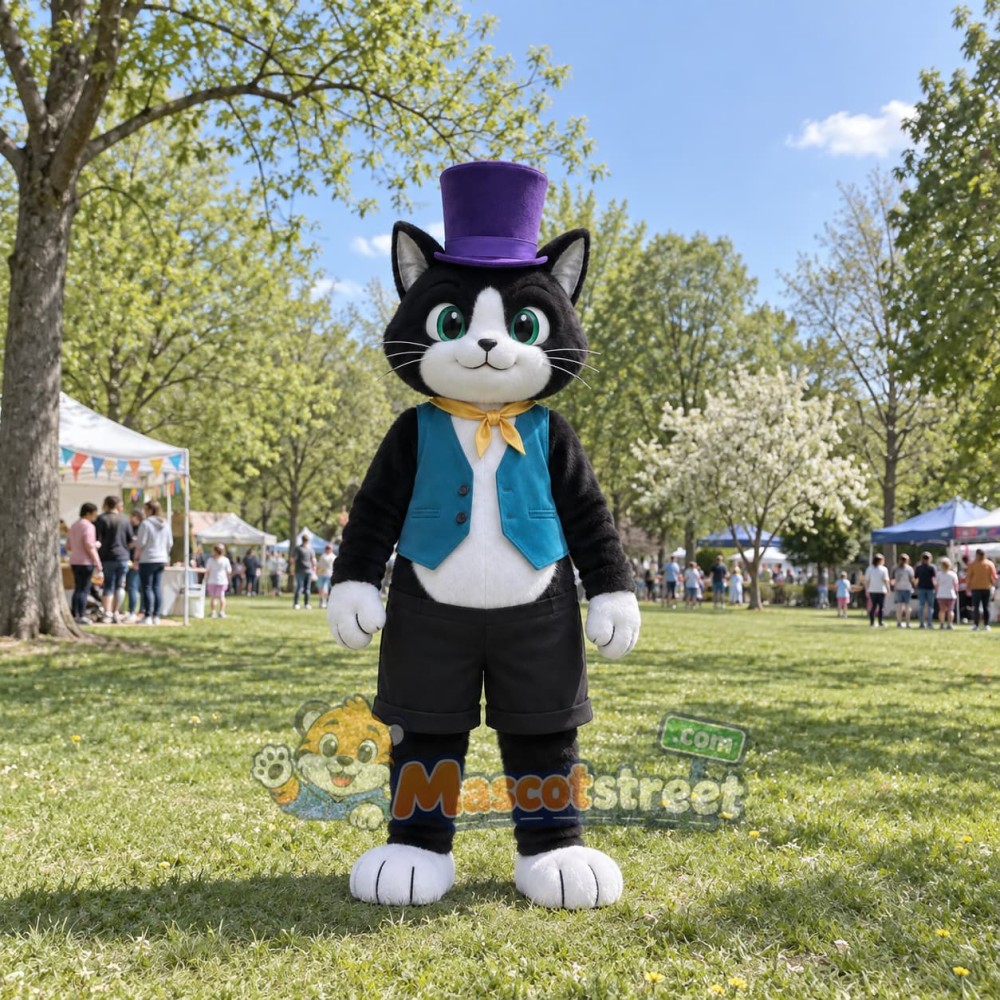 Black and White Cat Mascot Costume with Teal Vest and Purple Top Hat