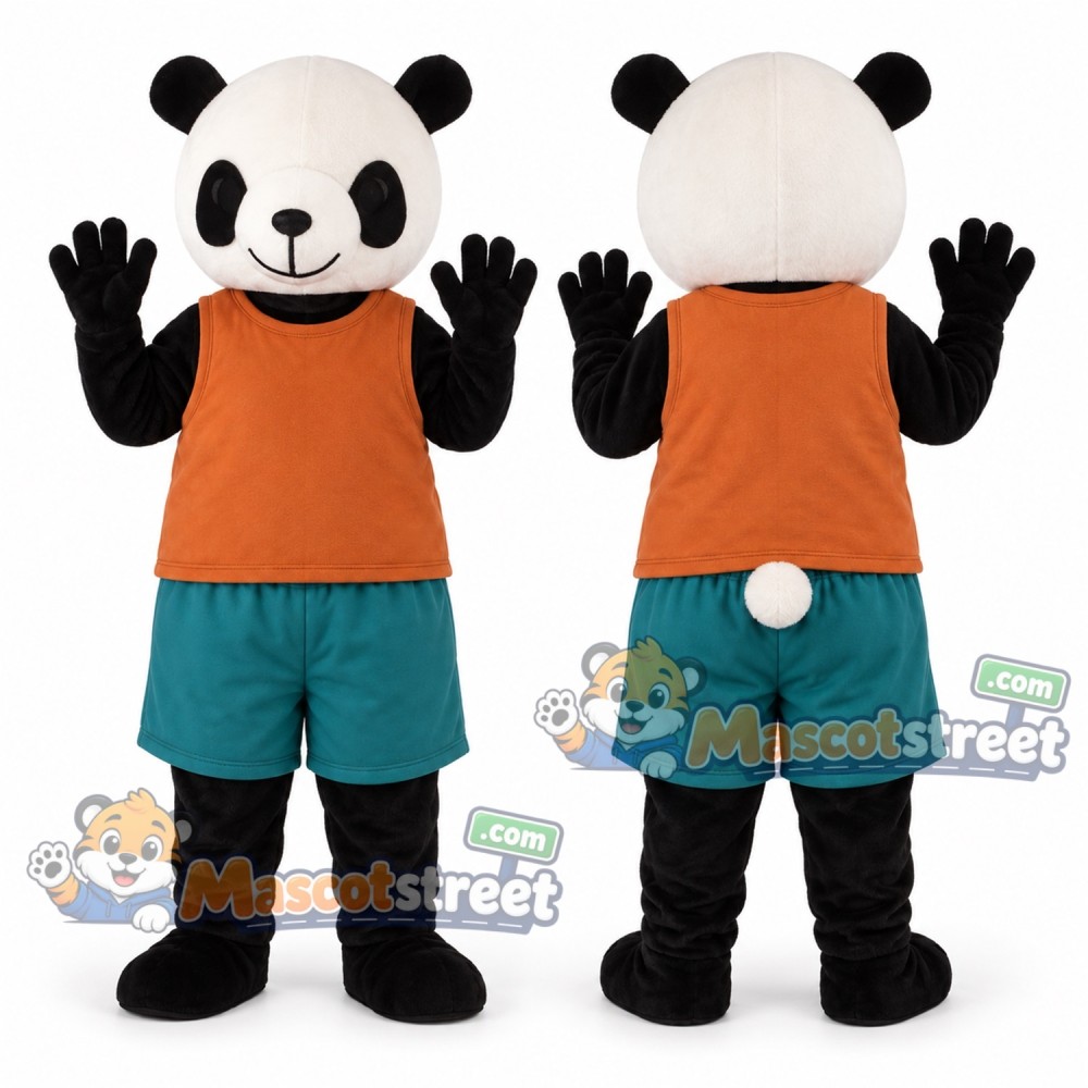 Panda Mascot Costume with Orange Shirt and Teal Shorts Panda Mascot Costume with Orange Shirt and Teal Shorts