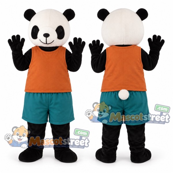 Panda Mascot Costume with Orange Shirt and Teal Shorts