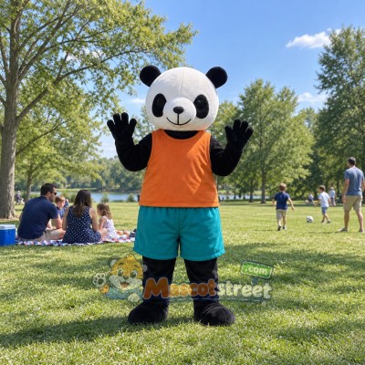 Panda Mascot Costume with Orange Shirt and Teal Shorts Panda Mascot Costume with Orange Shirt and Teal Shorts